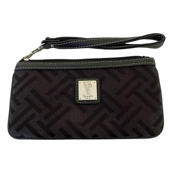 Tignanello Black Canvas Wristlet with Silver Signature Logo Small Travel Wallet - Picture 1 of 6